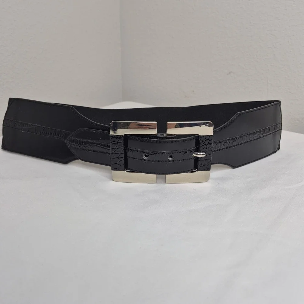 White House Black‎ Market Black Wide Elastic Waist Cincher Belt Silver Buckle M